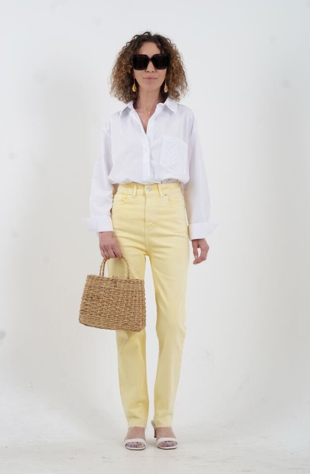 Sarı Paçası Dikişsiz Mom Fit Jean Pantolon