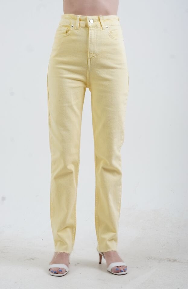 Sarı Paçası Dikişsiz Mom Fit Jean Pantolon