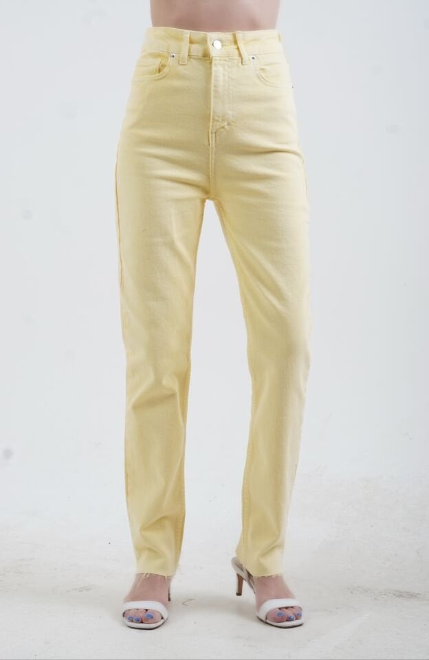 Sarı Paçası Dikişsiz Mom Fit Jean Pantolon