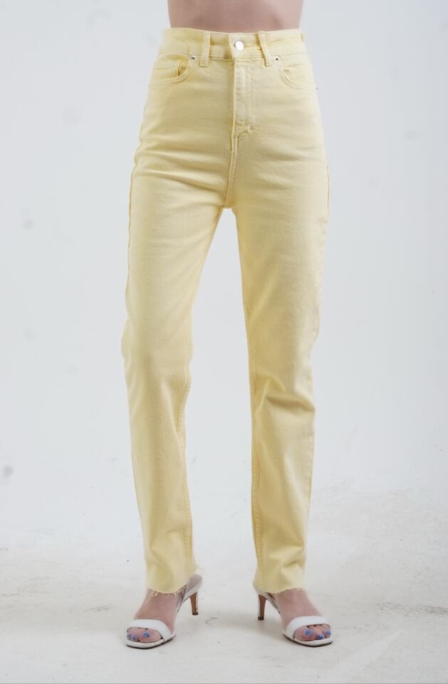 Sarı Paçası Dikişsiz Mom Fit Jean Pantolon