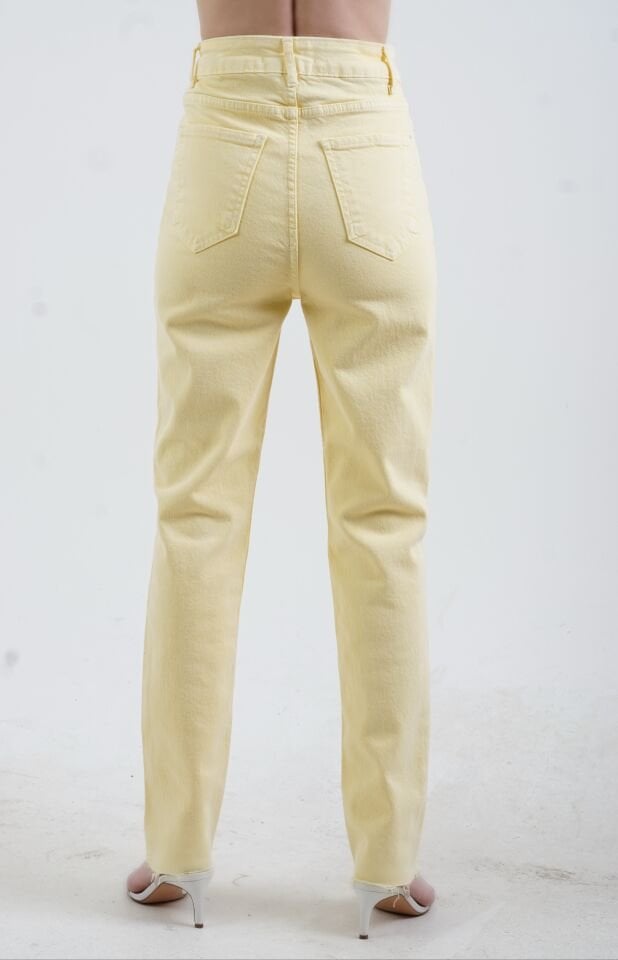 Sarı Paçası Dikişsiz Mom Fit Jean Pantolon