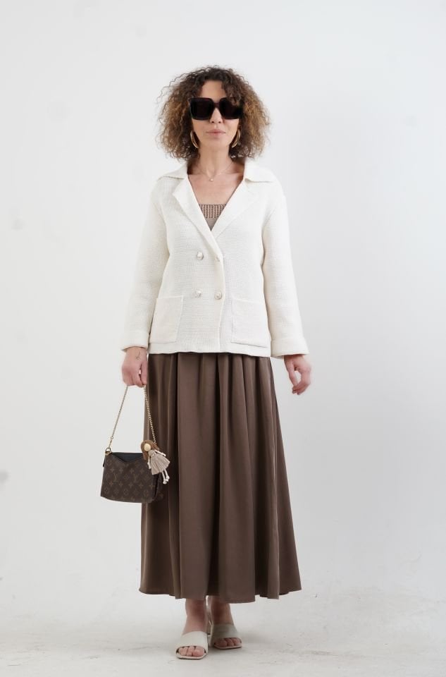 Beyaz Çelik Örme Triko Ceket