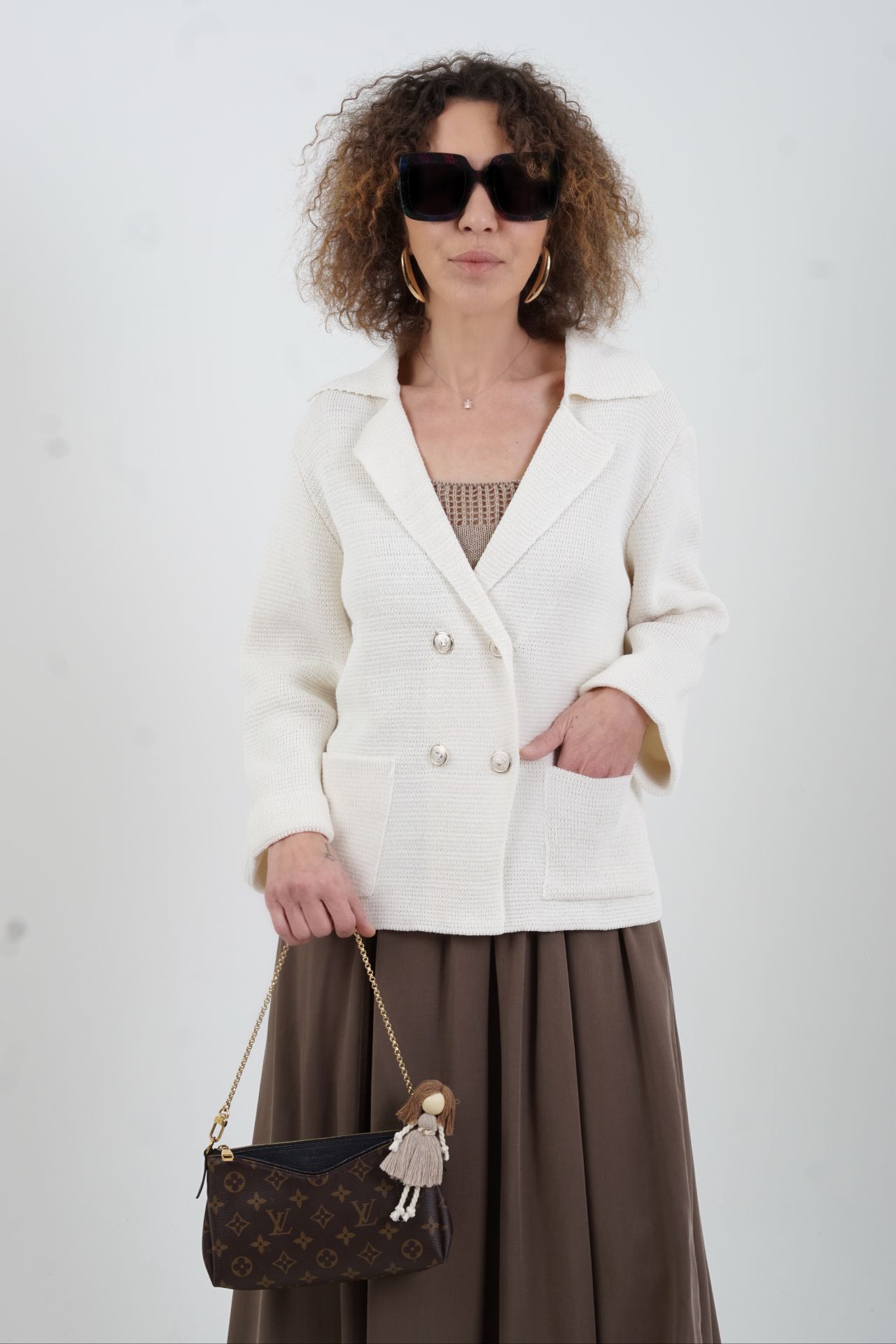 Beyaz Çelik Örme Triko Ceket