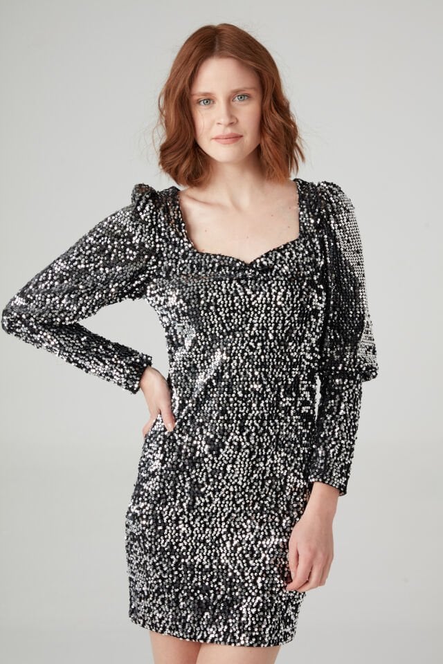 Pul Payetli Kare Yaka Elbise