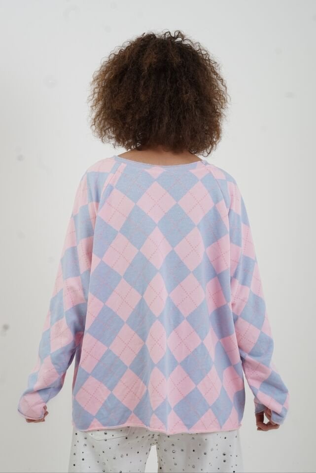 Pembe Mavi Baklava Desen Bluz