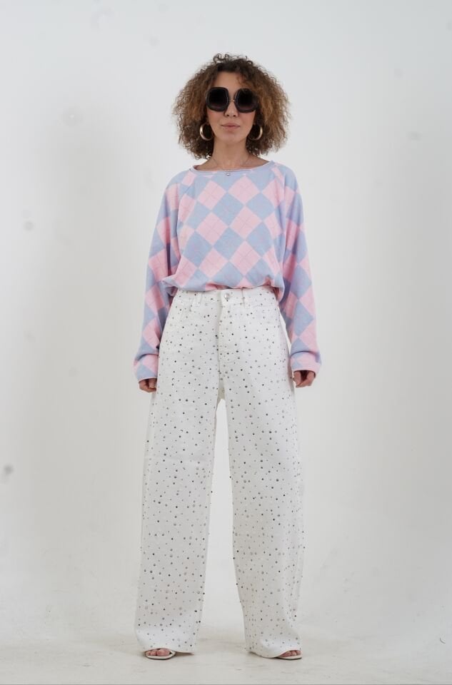 Pembe Mavi Baklava Desen Bluz