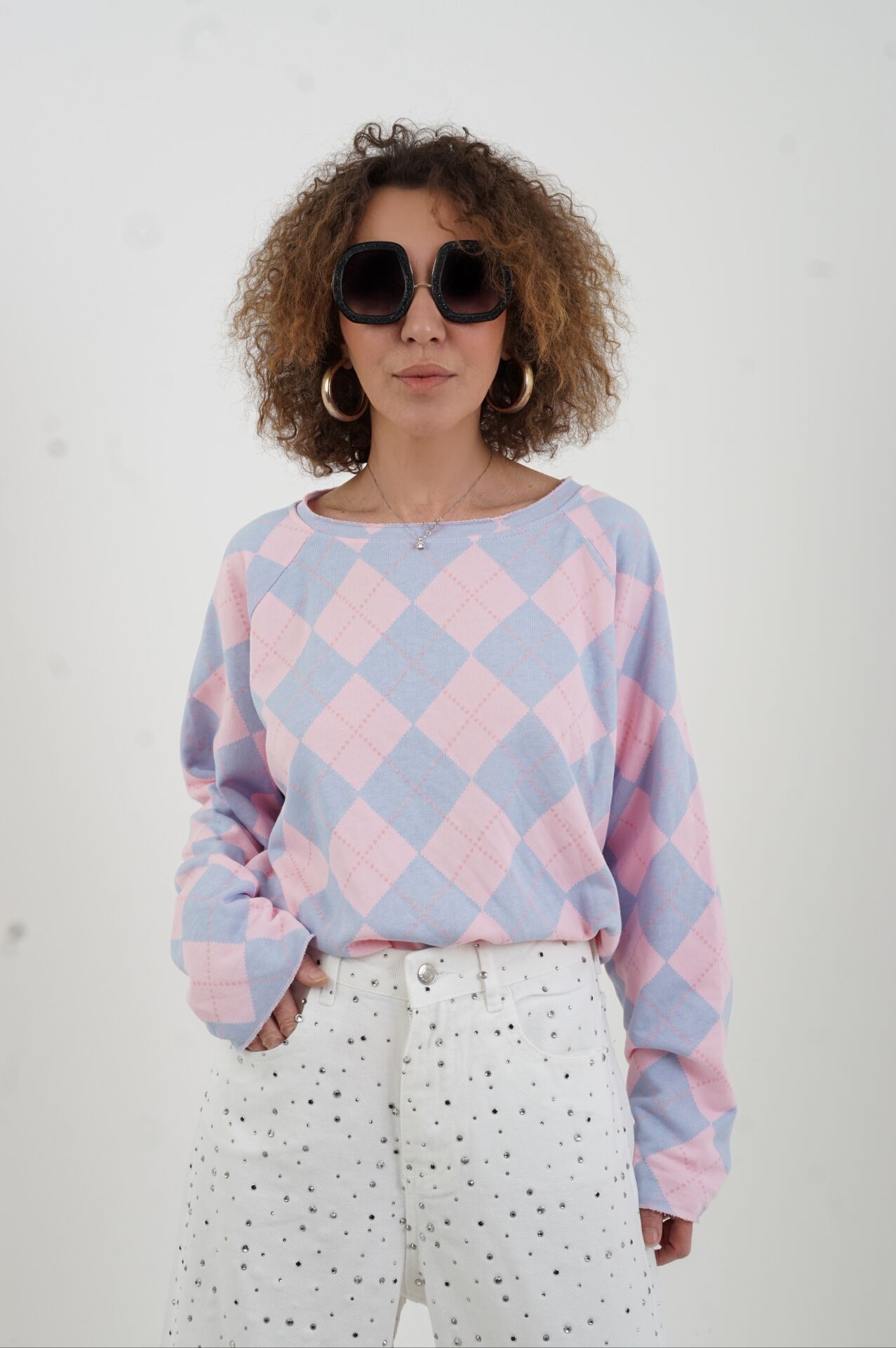 Pembe Mavi Baklava Desen Bluz