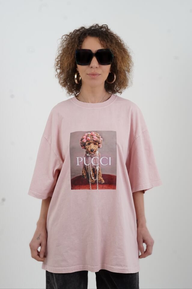 Pudra Kokoş Köpek Baskılı Soluk Efektli Oversize Tshirt
