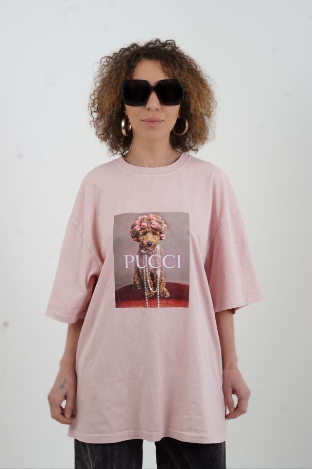 Pudra Kokoş Köpek Baskılı Soluk Efektli Oversize Tshirt