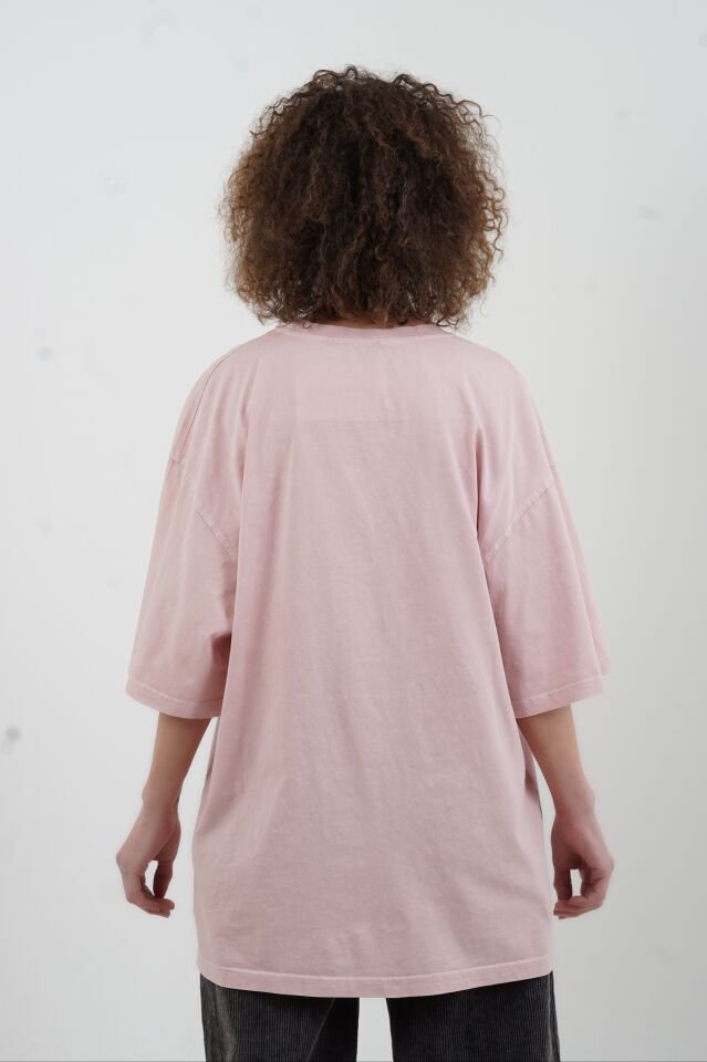 Pudra Kokoş Köpek Baskılı Soluk Efektli Oversize Tshirt