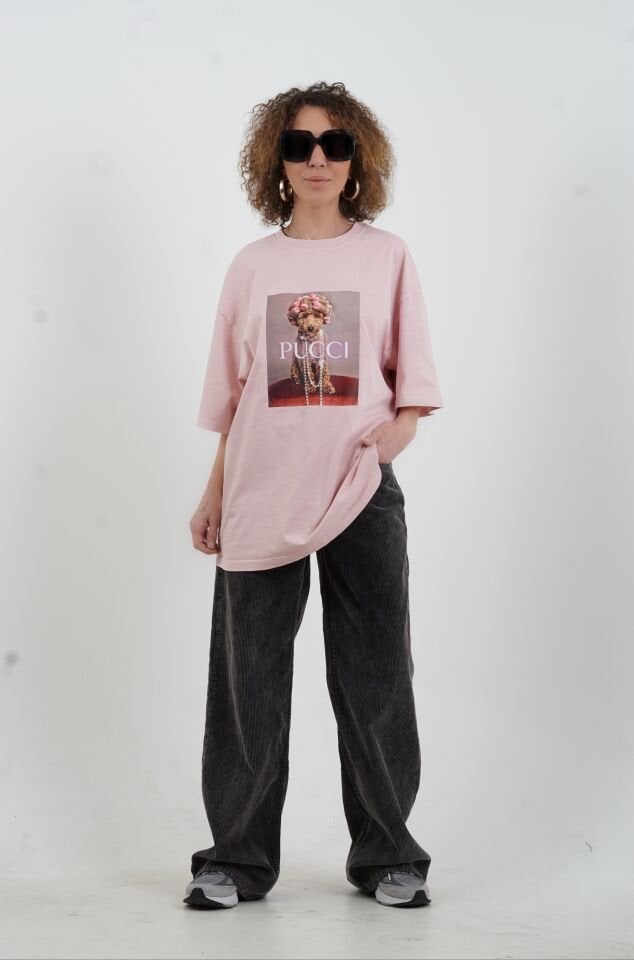 Pudra Kokoş Köpek Baskılı Soluk Efektli Oversize Tshirt