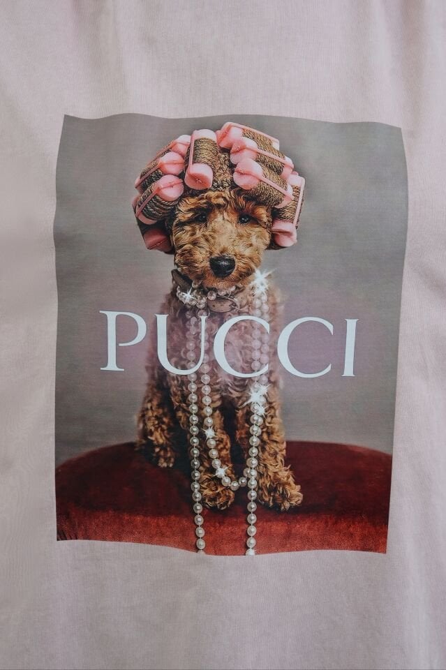 Pudra Kokoş Köpek Baskılı Soluk Efektli Oversize Tshirt
