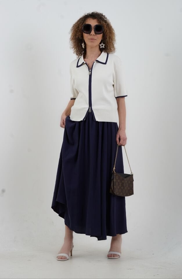 Ekru Kısa Kol Fermuarlı Triko Ceket