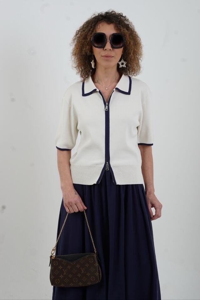 Ekru Kısa Kol Fermuarlı Triko Ceket