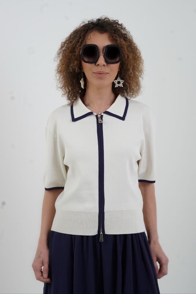 Ekru Kısa Kol Fermuarlı Triko Ceket