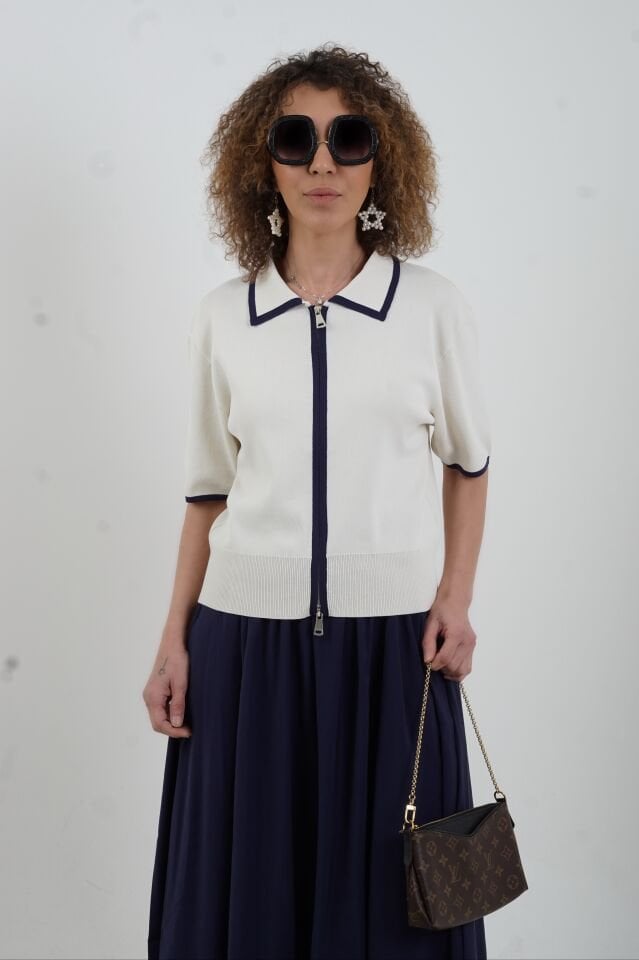 Ekru Kısa Kol Fermuarlı Triko Ceket