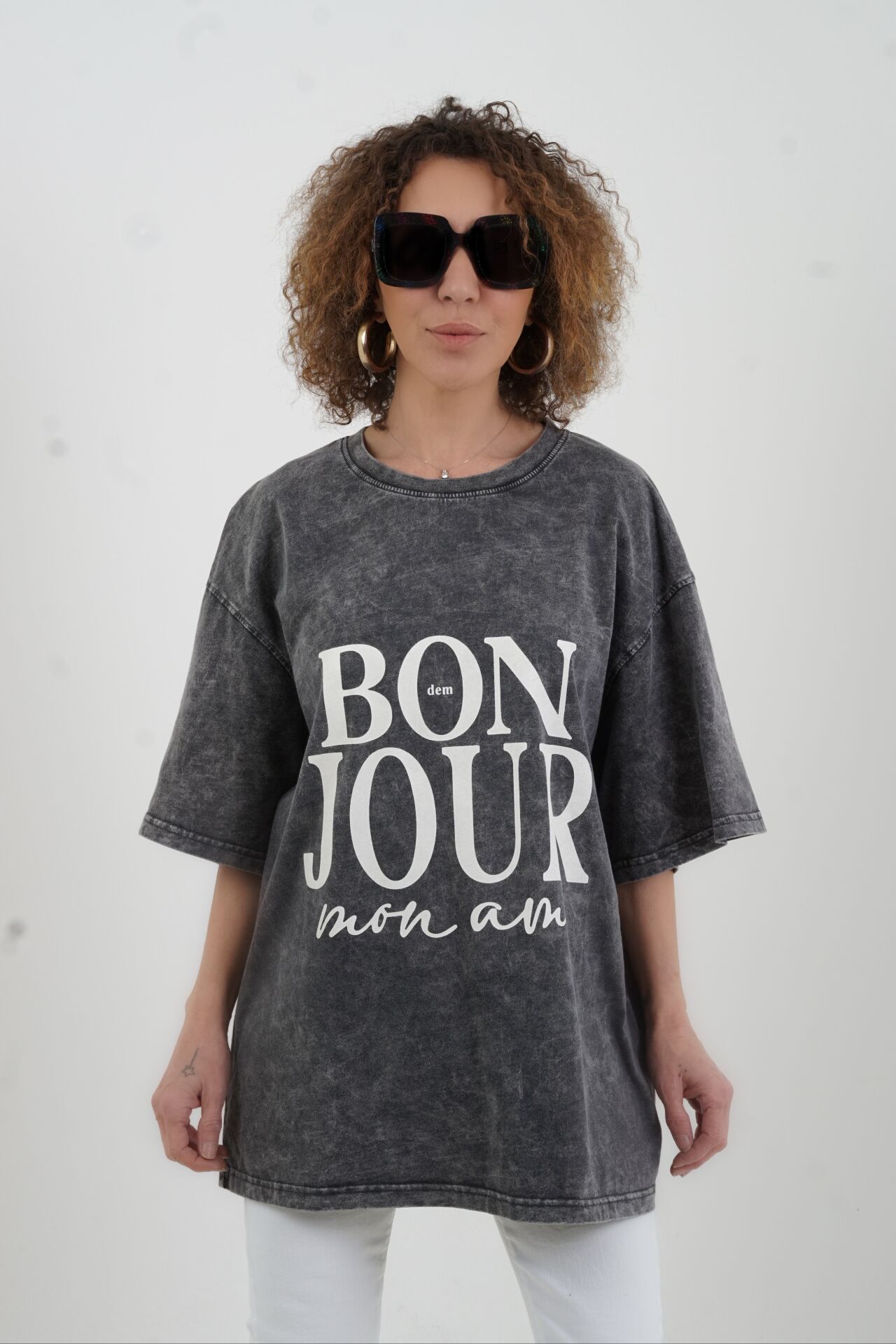 Antrasit Bonjour Baskılı Soluk Efektli Oversize Tshirt