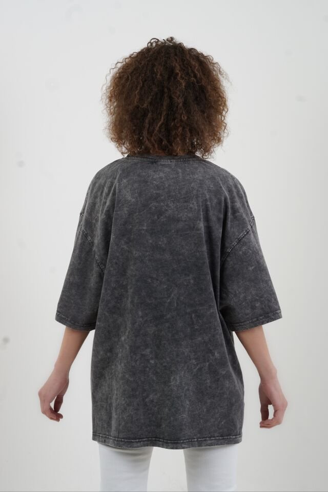 Antrasit Bonjour Baskılı Soluk Efektli Oversize Tshirt