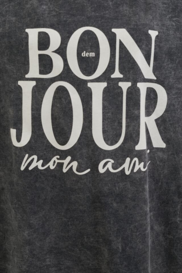 Antrasit Bonjour Baskılı Soluk Efektli Oversize Tshirt