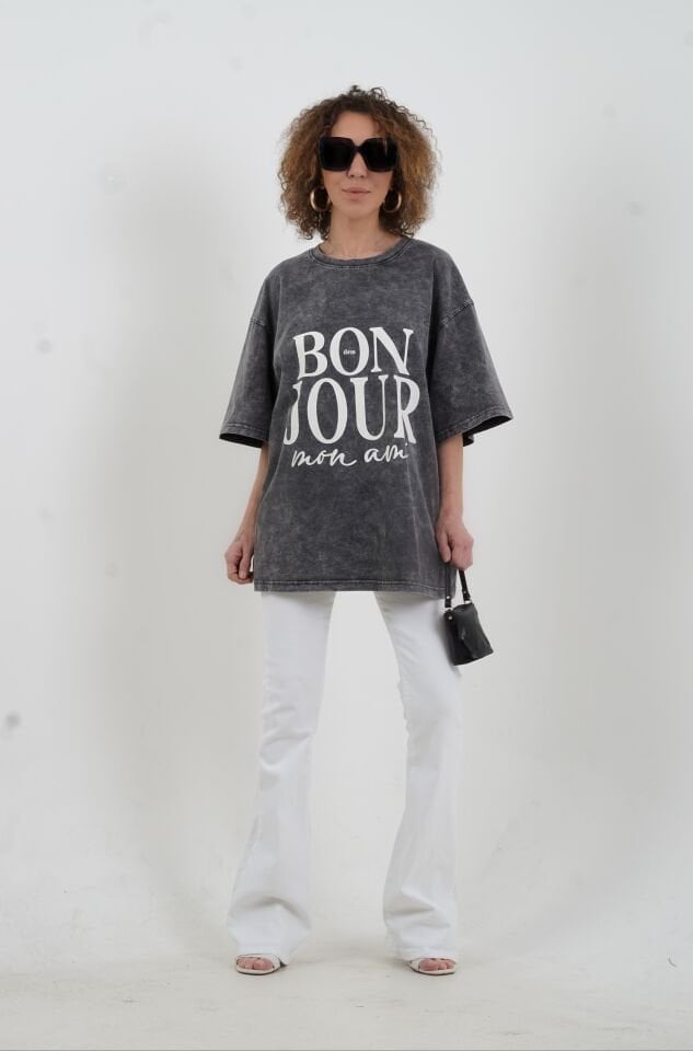 Antrasit Bonjour Baskılı Soluk Efektli Oversize Tshirt