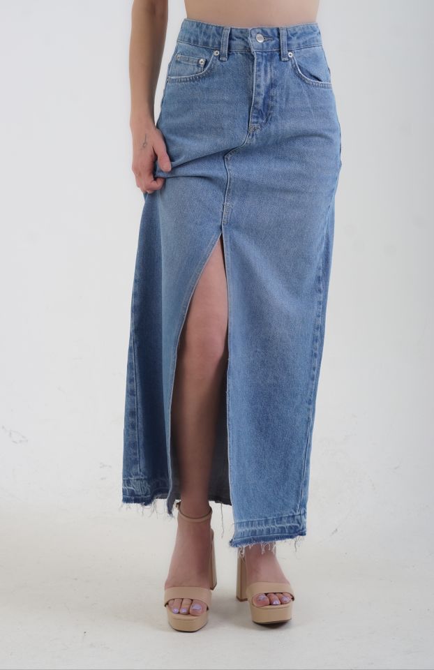 Önü Yırtmaçlı  Midi Denim Etek