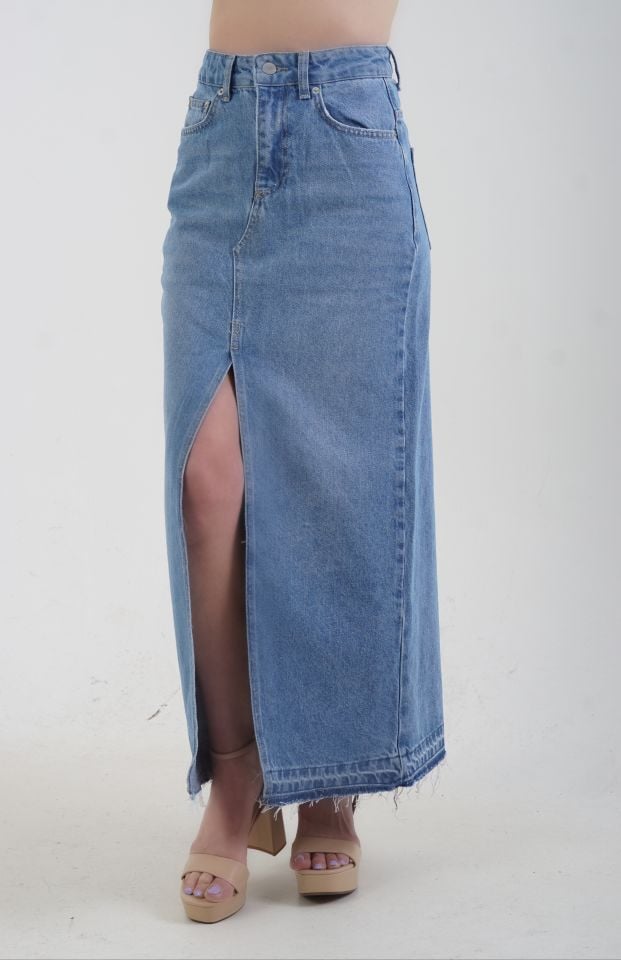 Önü Yırtmaçlı  Midi Denim Etek