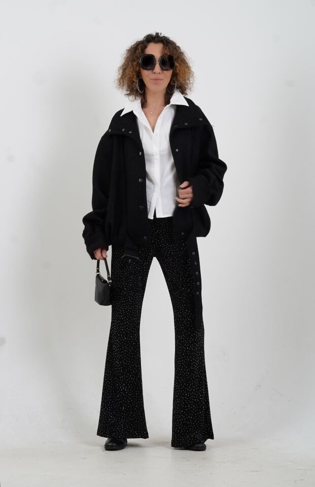 Siyah Simli Gümüş Droplu Beli Lastikli Pantolon