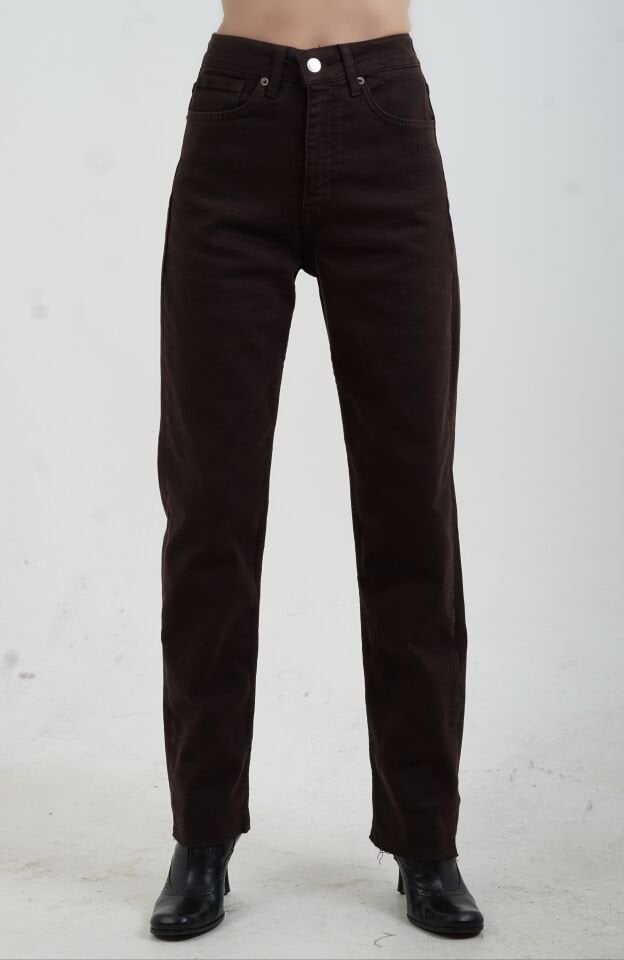 Kahve Paçası Kesik Boyfit Denim  Pantolon