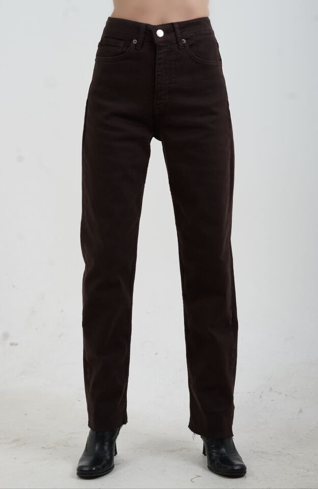 Kahve Paçası Kesik Boyfit Denim  Pantolon