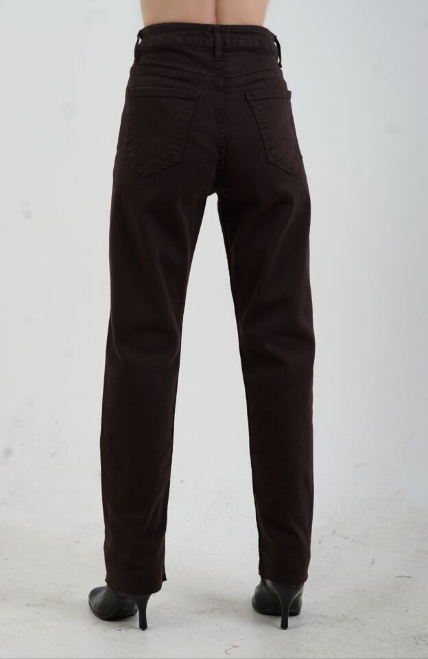 Kahve Paçası Kesik Boyfit Denim  Pantolon
