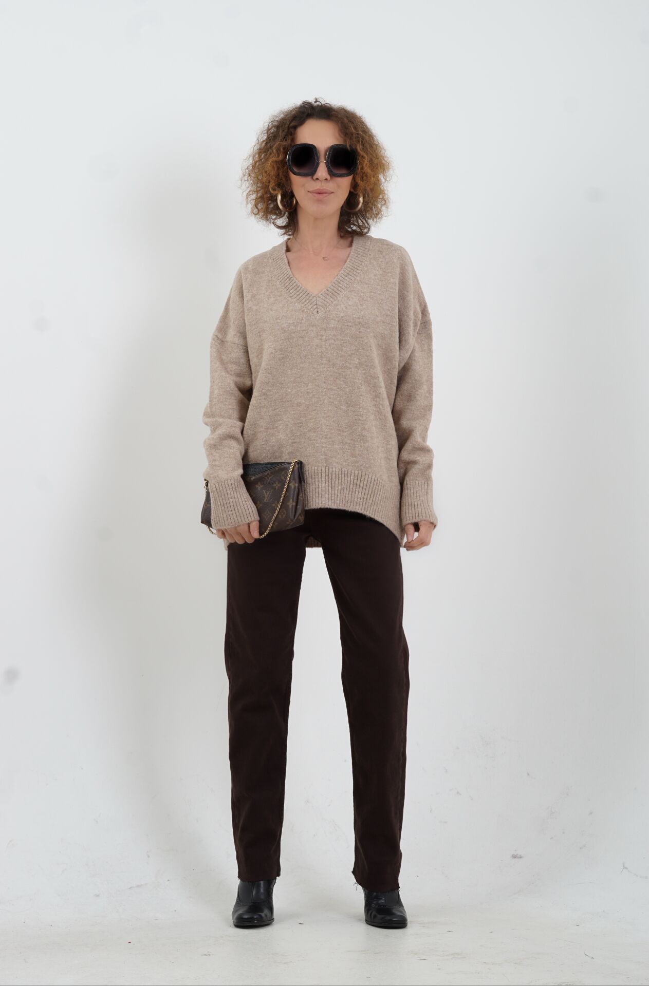 Kahve Paçası Kesik Boyfit Denim  Pantolon