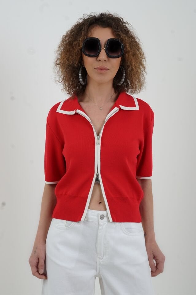 Kırmızı Kısa Kol Fermuarlı Triko Ceket