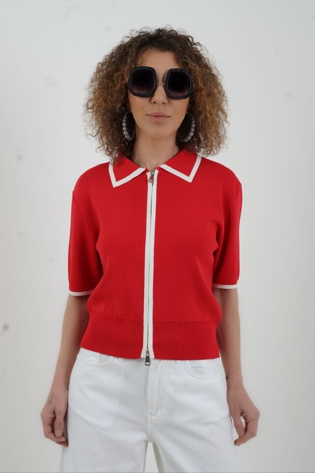 Kırmızı Kısa Kol Fermuarlı Triko Ceket