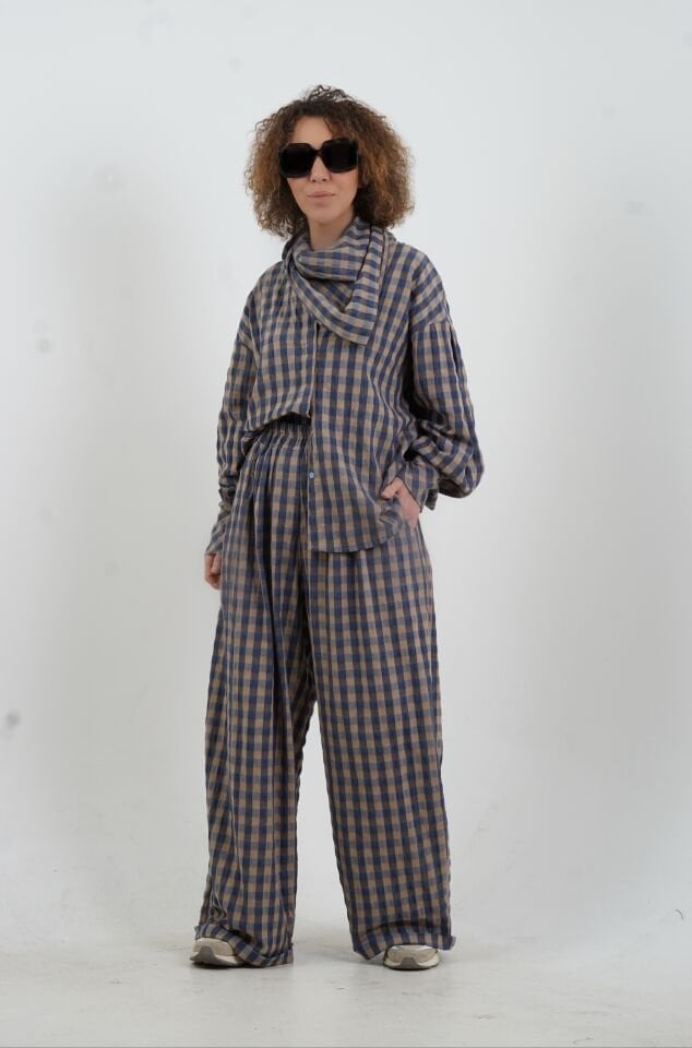 Lacivert Kare Desen Beli Lastikli Pantolon