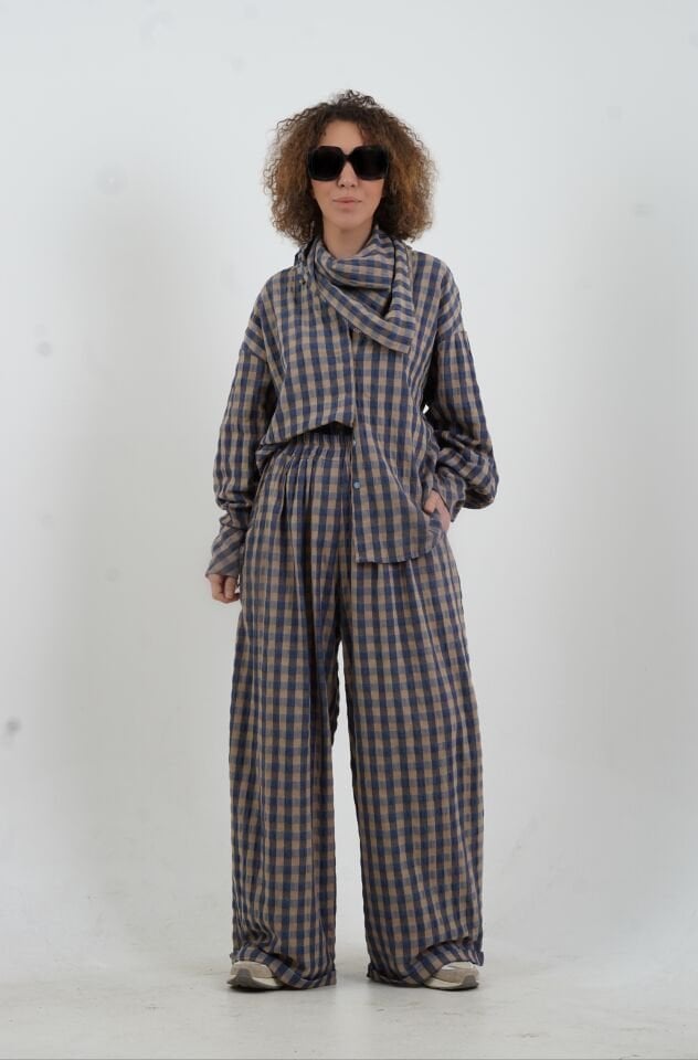 Lacivert Kare Desen Beli Lastikli Pantolon