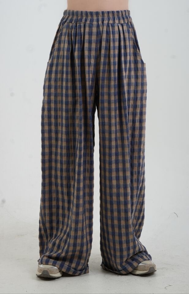 Lacivert Kare Desen Beli Lastikli Pantolon