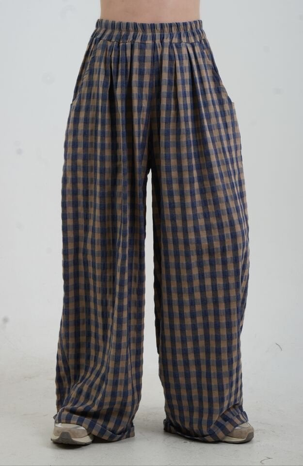 Lacivert Kare Desen Beli Lastikli Pantolon