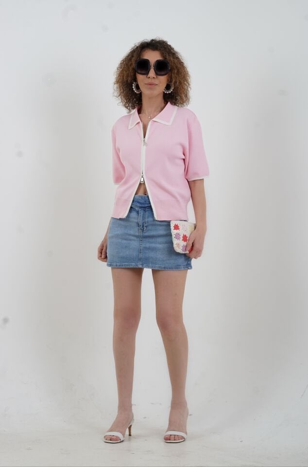 Pembe Kısa Kol Fermuarlı Triko Ceket