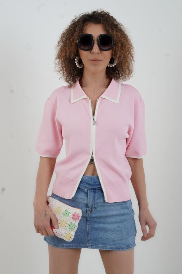 Pembe Kısa Kol Fermuarlı Triko Ceket
