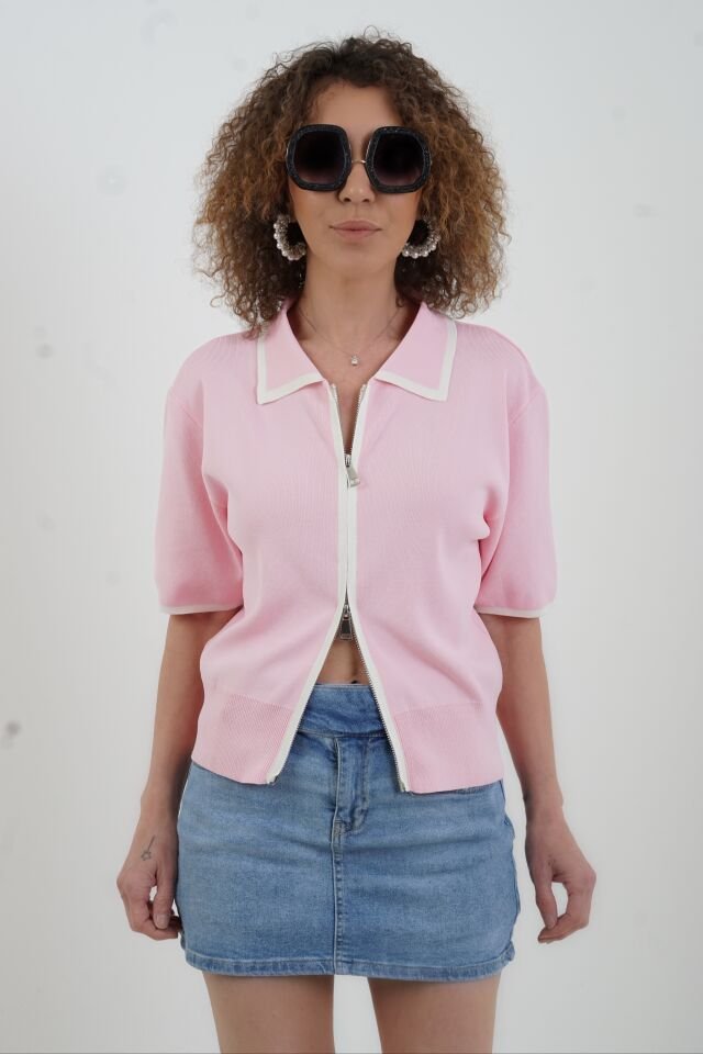 Pembe Kısa Kol Fermuarlı Triko Ceket