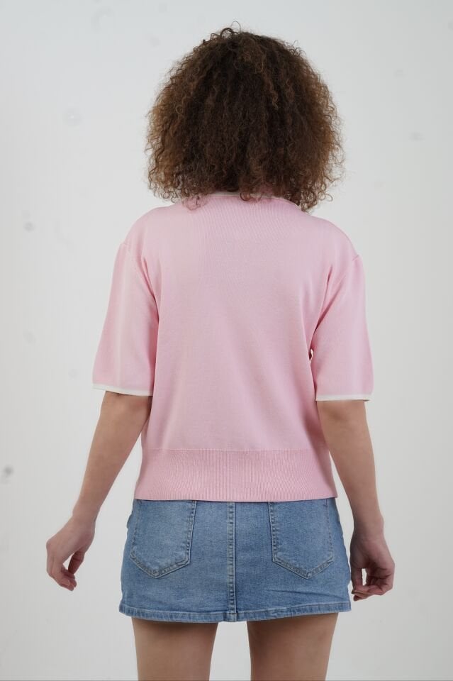 Pembe Kısa Kol Fermuarlı Triko Ceket