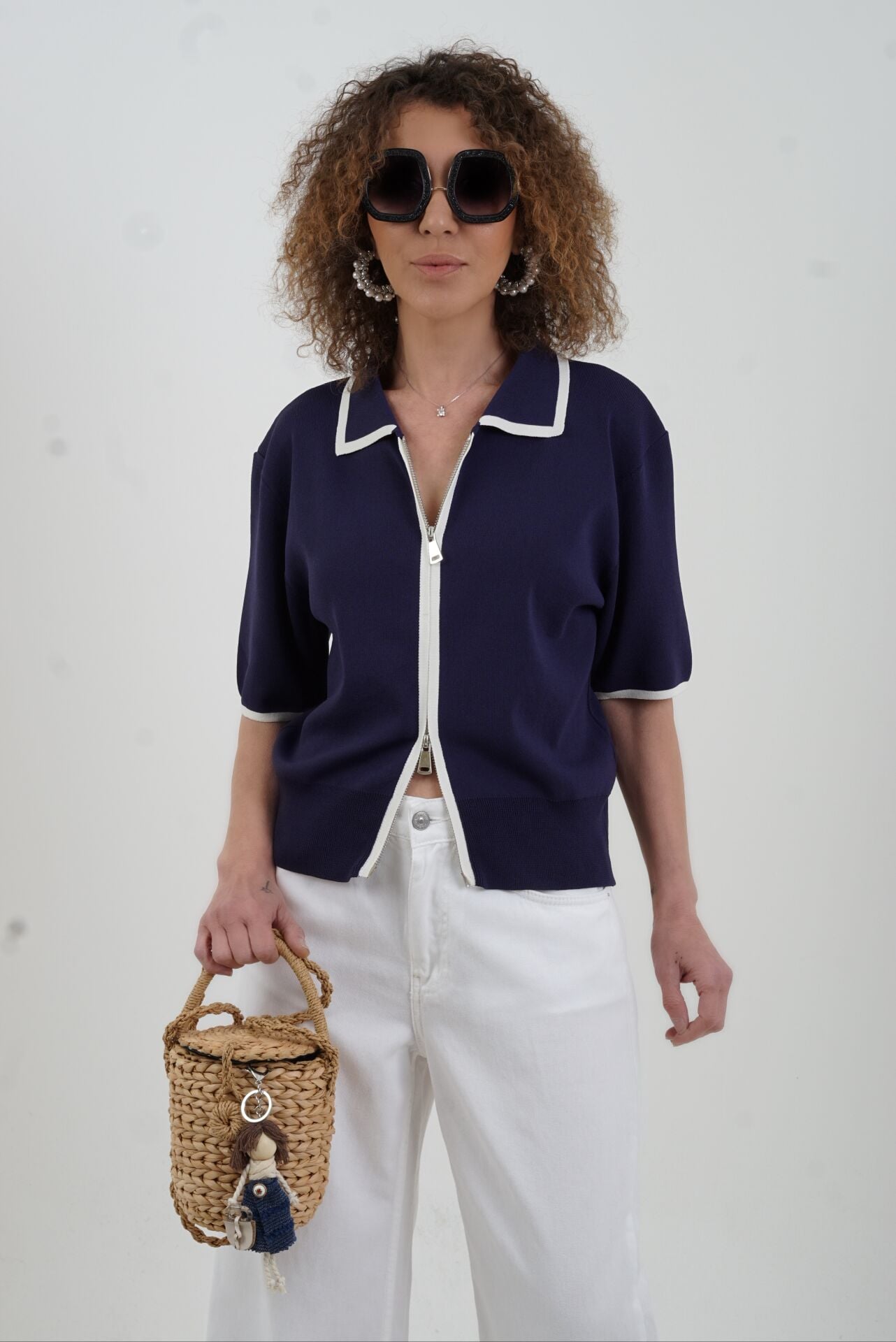 Lacivert Kısa Kol Fermuarlı Triko Ceket