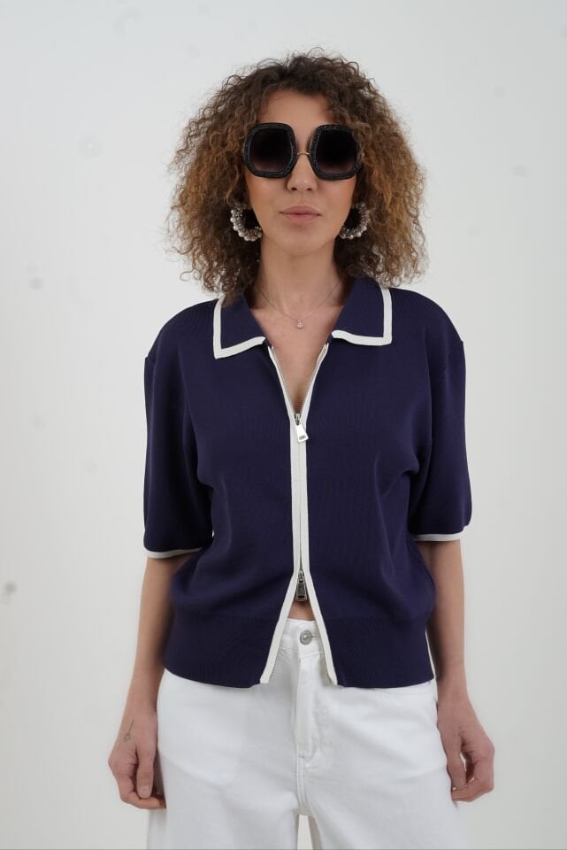 Lacivert Kısa Kol Fermuarlı Triko Ceket