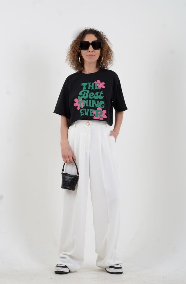 Siyah Best Think Ever Baskılı Crop Tshirt