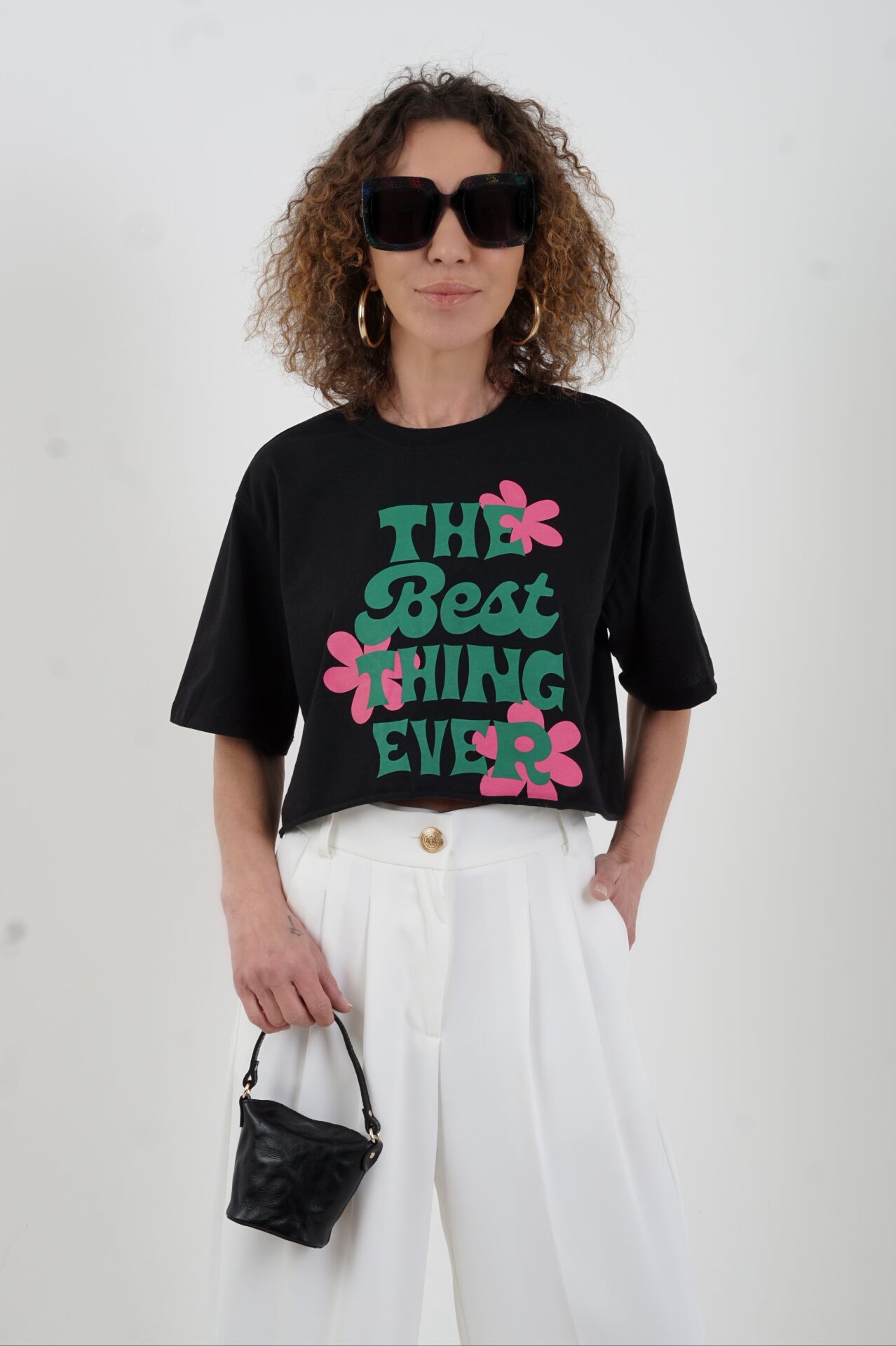 Siyah Best Think Ever Baskılı Crop Tshirt
