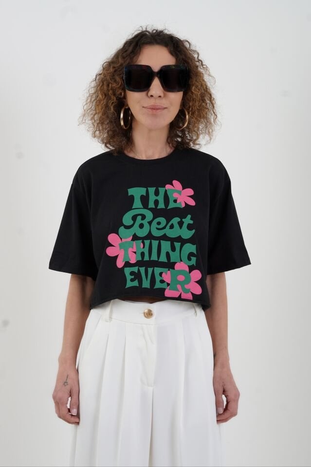 Siyah Best Think Ever Baskılı Crop Tshirt