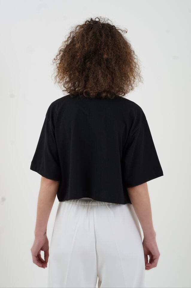 Siyah Best Think Ever Baskılı Crop Tshirt