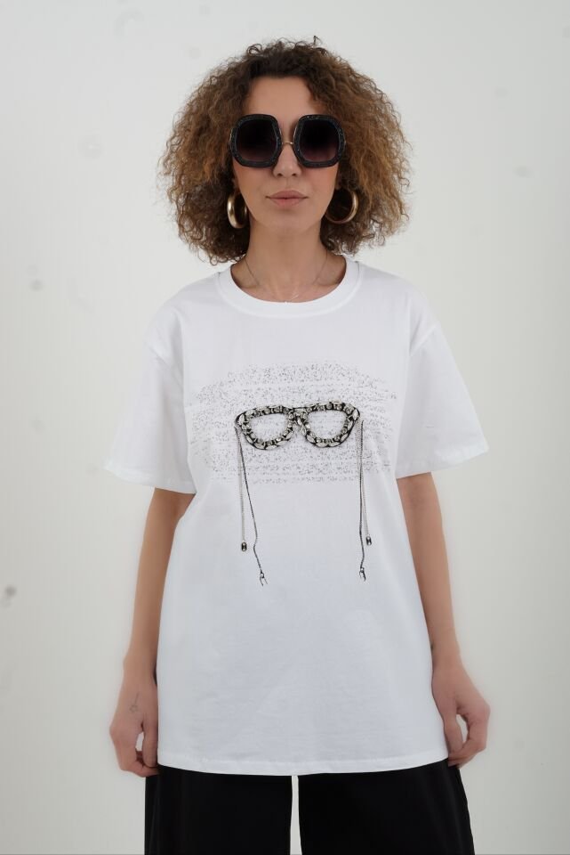 Beyaz Gözlük Taşlı Tshirt