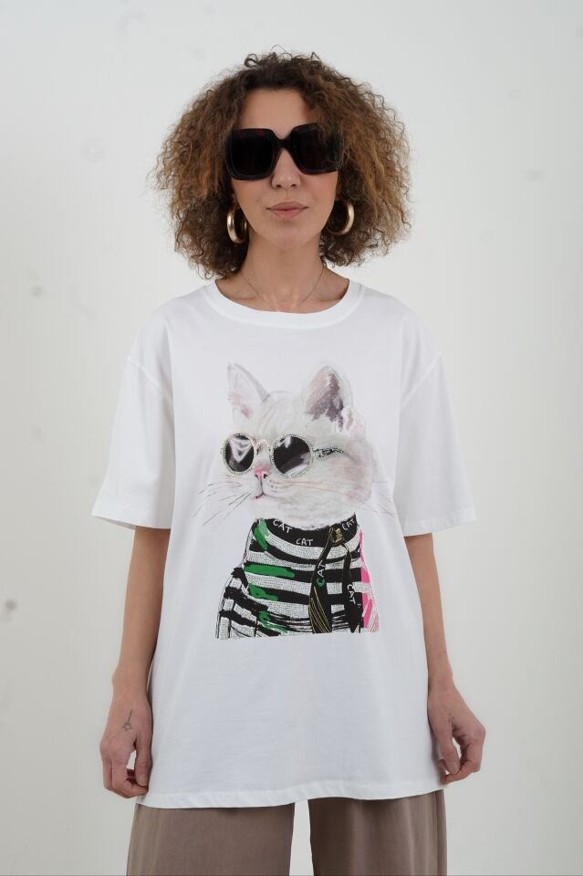 Beyaz Kedi Taşlı Tshirt