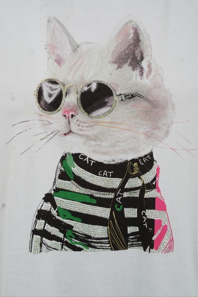 Beyaz Kedi Taşlı Tshirt
